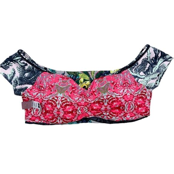 Maaji Swimwear Pink & Grey Tropical Print Reversible Off Shoulder Bikini Top - Picture 4 of 6